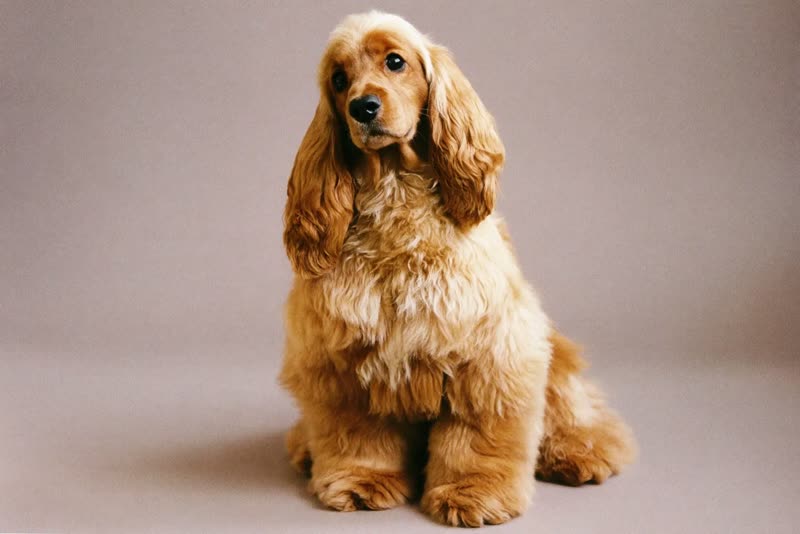 A freshly groomed apricot cockapoo sitting upright