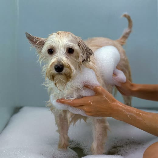 A small wet dog being shampooed in a grooming bath