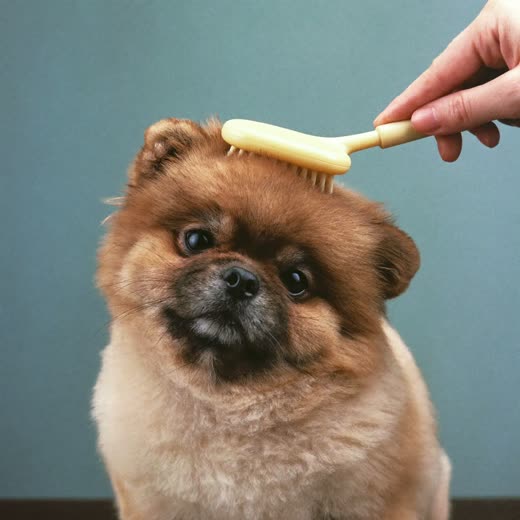 A fluffy small dog being brushed with a slicker brush